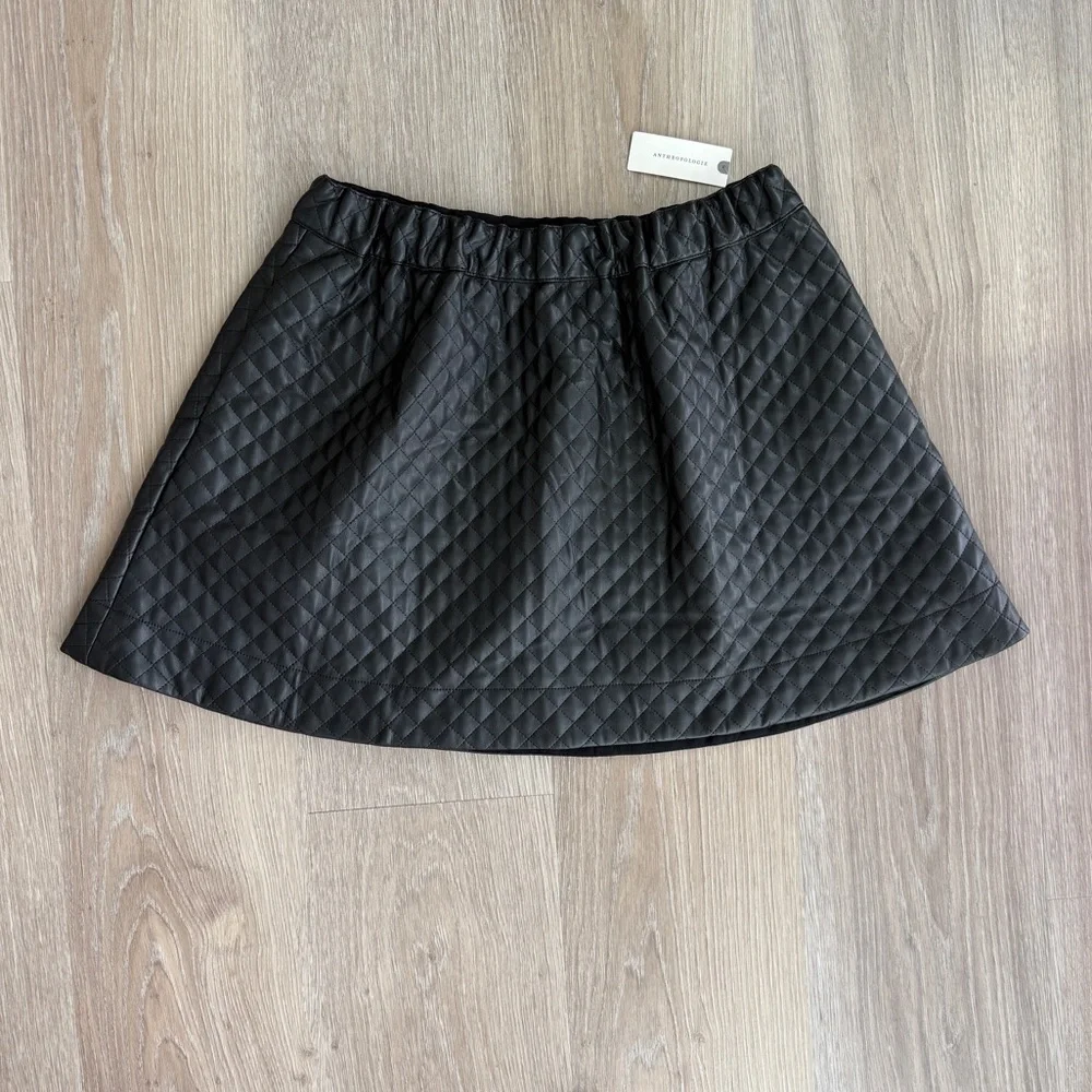 NWT Maeve Anthropologie Black Faux Leather Quilted Mini Skirt